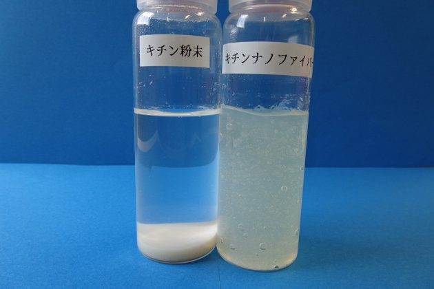 従来のキチン粉末（左）とキチンナノファイバー（右）
