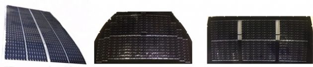 複数の太陽電池セルにより構成された太陽電池パネル　（左からルーフ、フード、バックドア）