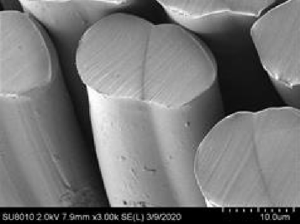 『ソロテックス エコ ハイブリッド』の断面。中央の繊維の左半分がケミカルリサイクルPET、右半分が植物由来PTT