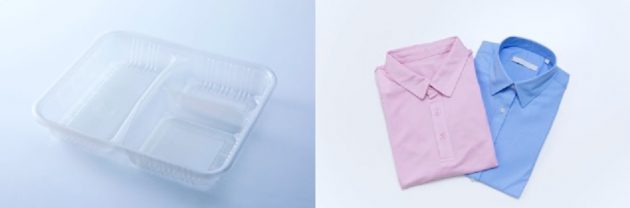 PLAを使用した食品包装容器(左)と、PLA100％のポロシャツ
